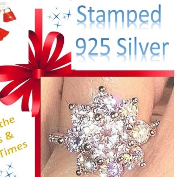 Cocktail Ring Sterling Silver 925 Sz 8 Simulated REALISTIC DIAMONDS Luxe Flower - Picture 11 of 11